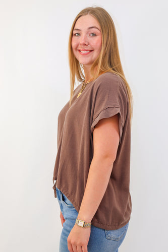 Umgee Drawstring Linen Blend Top in Espresso