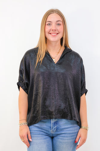 Entro Metallic V-neck Dolman Sleeve Top in Black