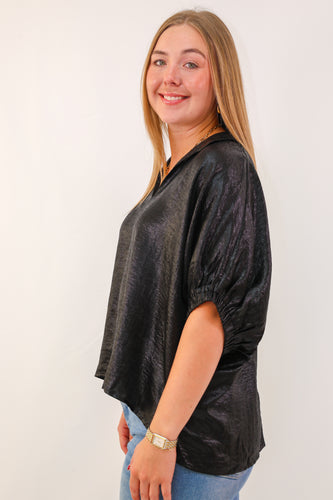 Entro Metallic V-neck Dolman Sleeve Top in Black