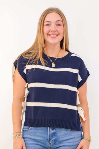 Stripe Side Tie Short Sleeve Knit Sweater in Navy