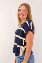Stripe Side Tie Short Sleeve Knit Sweater in Navy