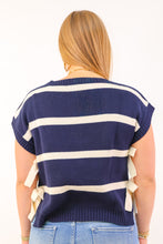 Stripe Side Tie Short Sleeve Knit Sweater in Navy