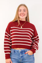 Stripe Mock Neck Drop Shoulder Knit Sweater in Burgandy/Cream