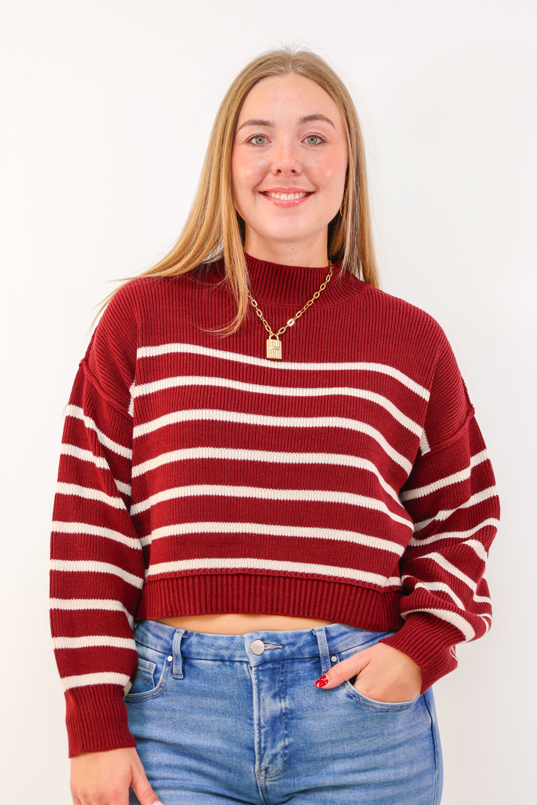 Stripe Mock Neck Drop Shoulder Knit Sweater in Burgandy/Cream