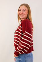 Stripe Mock Neck Drop Shoulder Knit Sweater in Burgandy/Cream