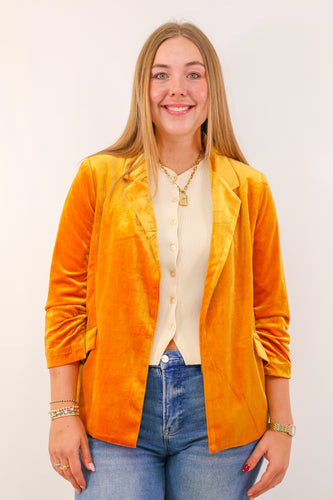 Skies are Blue Velvet Blazer in Golden Mustard