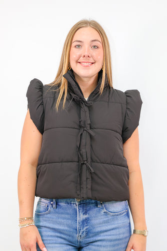 Flutter Sleeve Bow Detail Zip-up Puffer Vest in Black