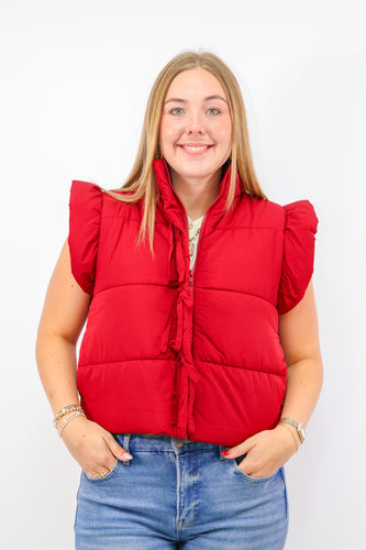 Flutter Sleeve Bow Detail Zip-up Puffer Vest in Burgandy