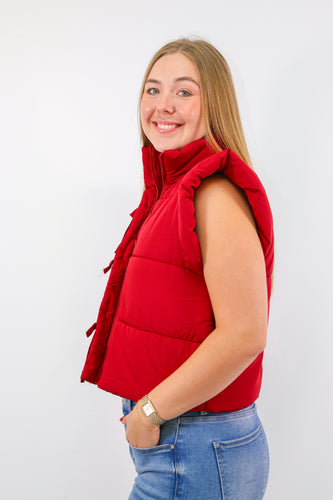 Flutter Sleeve Bow Detail Zip-up Puffer Vest in Burgandy