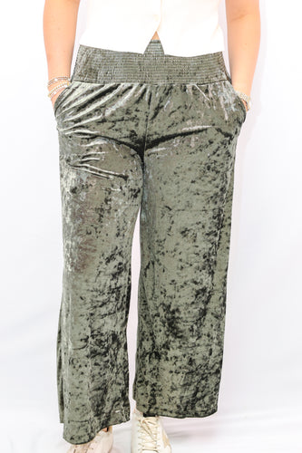 Umgee Velvet Wide Leg Pants in Olive