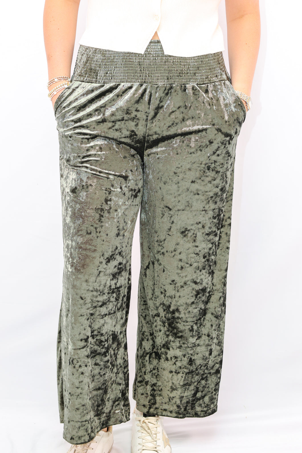 Umgee Velvet Wide Leg Pants in Olive