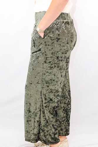 Umgee Velvet Wide Leg Pants in Olive