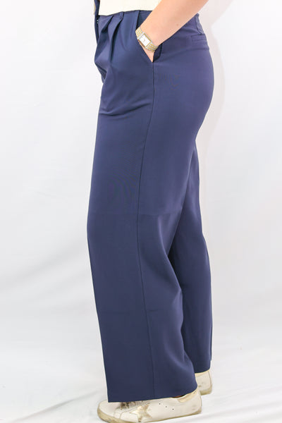 High Waist Pleated Wide Leg Dress Pants in Navy