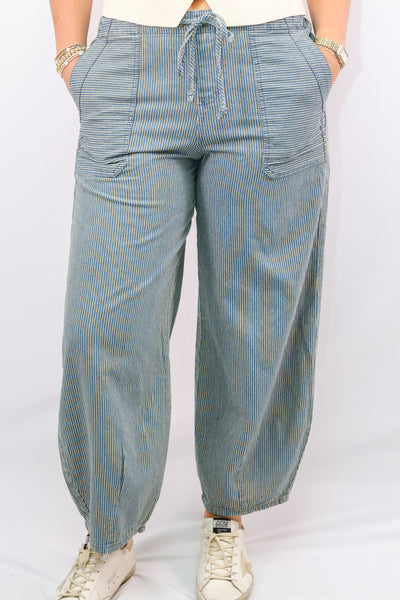 Stripe Denim Waist Tie Parachute Pants