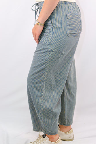 Stripe Denim Waist Tie Parachute Pants