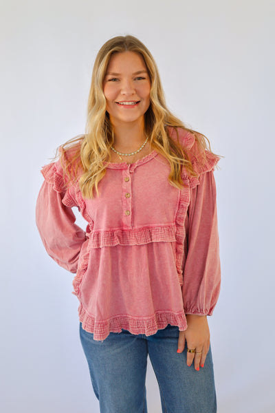 Easel Mineral Washed Ruffle Trim 3/4 Sleeve Top in Pink