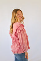 Easel Mineral Washed Ruffle Trim 3/4 Sleeve Top in Pink