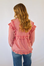 Easel Mineral Washed Ruffle Trim 3/4 Sleeve Top in Pink