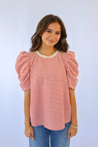 Voy Textured Stripe Knit Pleated Short Sleeve Top