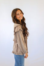 Easel Mineral Washed Ruffle Trim 3/4 Sleeve Top in Mocha