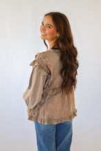 Easel Mineral Washed Ruffle Trim 3/4 Sleeve Top in Mocha