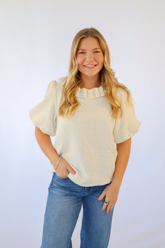 Voy Pearled Ruffle Neck Tweed Top