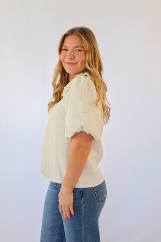 Voy Pearled Ruffle Neck Tweed Top