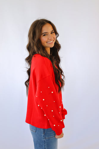 She + Sky Pearl Sleeve Knit Top in Red