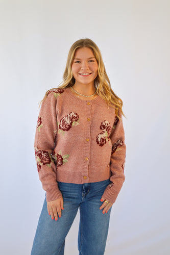 Mauve Floral Knit Sweater Cardigan