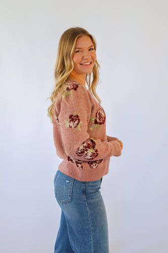 Mauve Floral Knit Sweater Cardigan