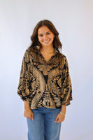 Umgee Damask Print Velvet Split Neck Top in Black/Cream