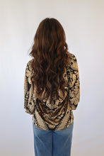 Umgee Damask Print Velvet Split Neck Top in Black/Cream