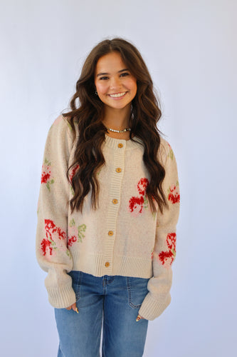 Cream Floral Knit Sweater Cardigan