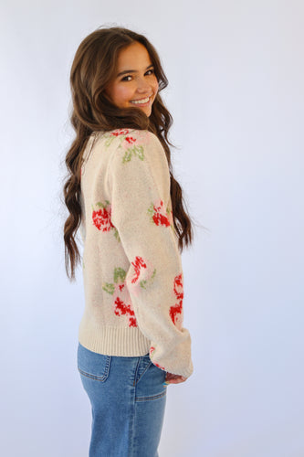 Cream Floral Knit Sweater Cardigan
