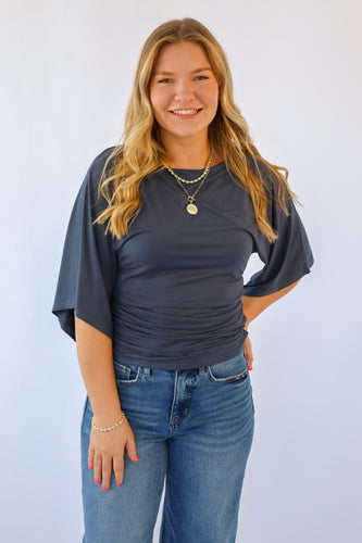 Double Knit Angel Sleeve Top in Slate Blue