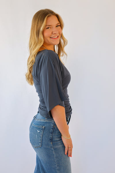 Double Knit Angel Sleeve Top in Slate Blue