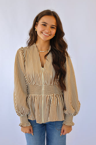 Entro Iris Striped Zip Front Top in Brown/Cream