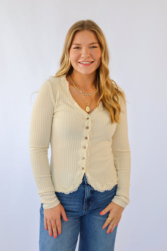 Button Down Lace Trim Fitted Knit Top in Ivory