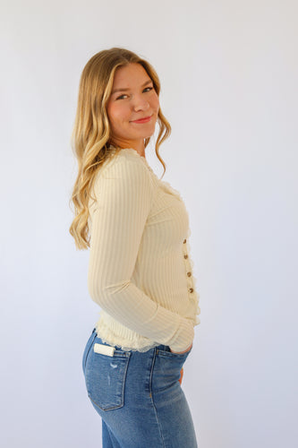 Button Down Lace Trim Fitted Knit Top in Ivory