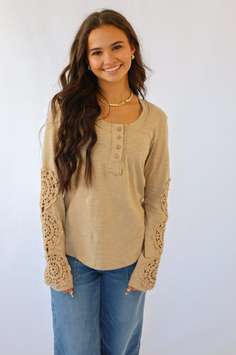 Sleeve Lace Trim Solid Knit Top in Mocha