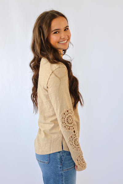 Sleeve Lace Trim Solid Knit Top in Mocha