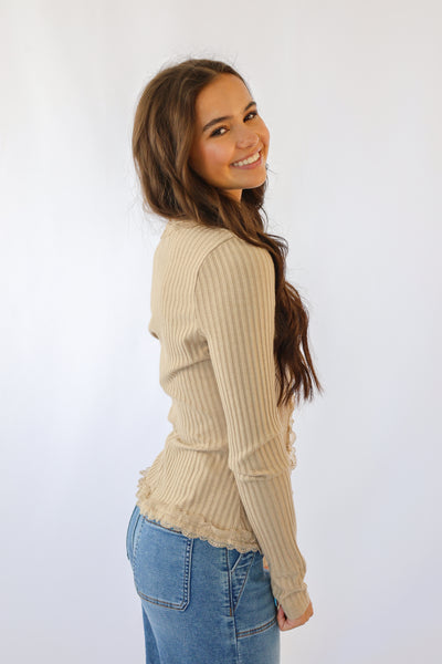 Button Down Lace Trim Fitted Knit Top in Mocha