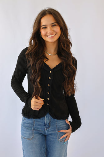 Button Down Lace Trim Fitted Knit Top in Black