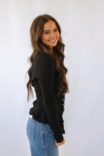 Button Down Lace Trim Fitted Knit Top in Black