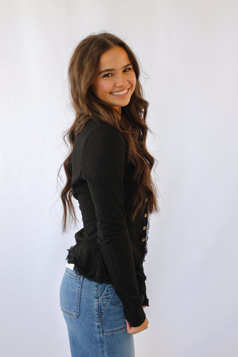 Button Down Lace Trim Fitted Knit Top in Black