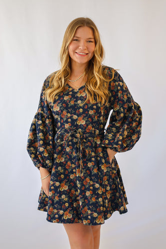 Floral Print Balloon Sleeve Denim Dress