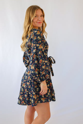 Floral Print Balloon Sleeve Denim Dress