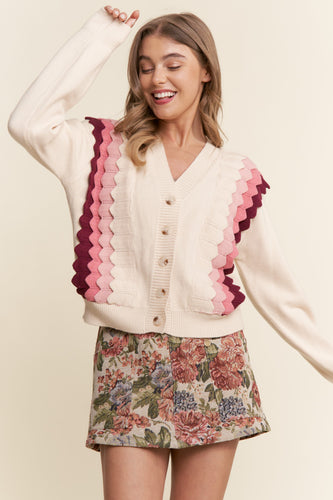 Multicolor Tiered Button Down Cardigan in Pink Combo