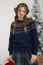 Fuzzy Fair Isle Crew Neck Knit Pullover Sweater in Navy