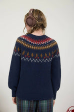 Fuzzy Fair Isle Crew Neck Knit Pullover Sweater in Navy